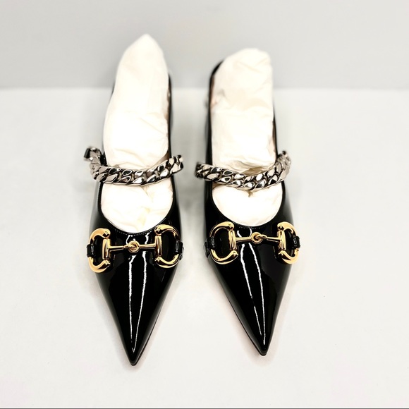 GUCCI Black Patent Leather Horsebit Chain Pumps Size 40 9.5 616596 Runway Shoe - Picture 5 of 16